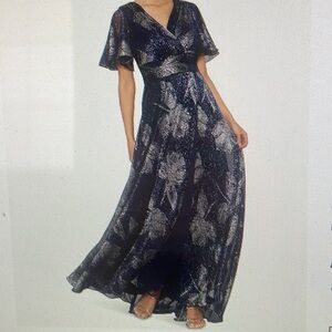 COPY - Betsy & Adam Flutter Sleeve foil print. Size 12p back hidden zipper V-ne…